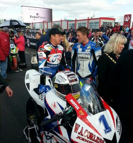 John McGuinness and Dean Harrison ahead of the NW200 Supersport Race