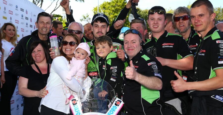 James Hillier and the team celebrating their Superbike podium at the 2015 TT
