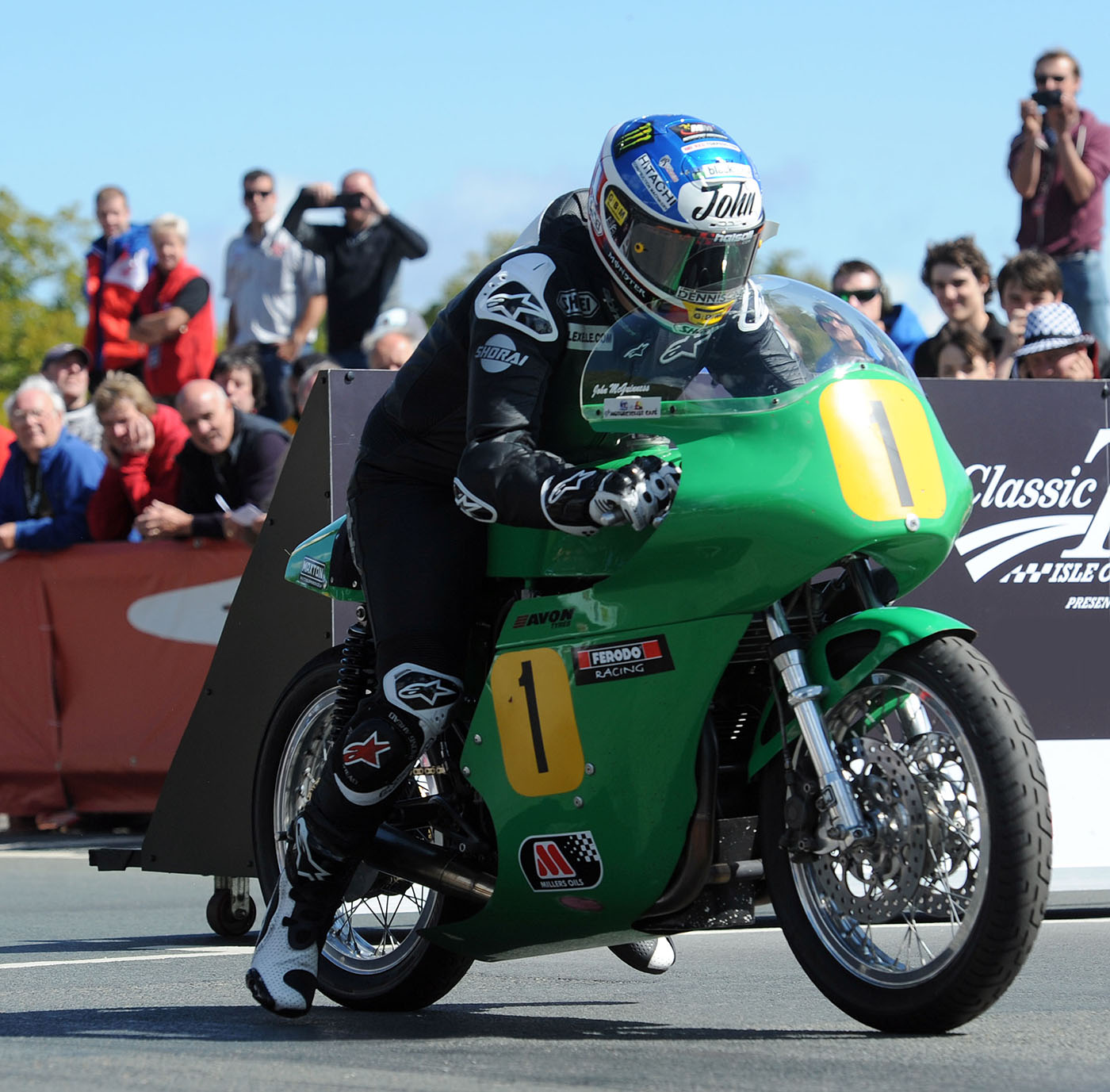 John McGuinness leaves the line at the beginning of the 500cc Classic TT race. Image from Pacemaker Press International