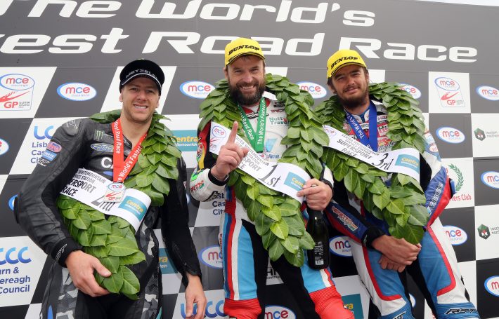 PACEMAKER BELFAST 13.8.16 Ulster Grand Prix Supersport Race. Winner Bruce Anstey (Valvoline Padgetts Honda)with runner up Ian Hutchinson (Came Yamaha) and third placed Conor Cummins (Valvoline Padgetts Honda) on the podium.